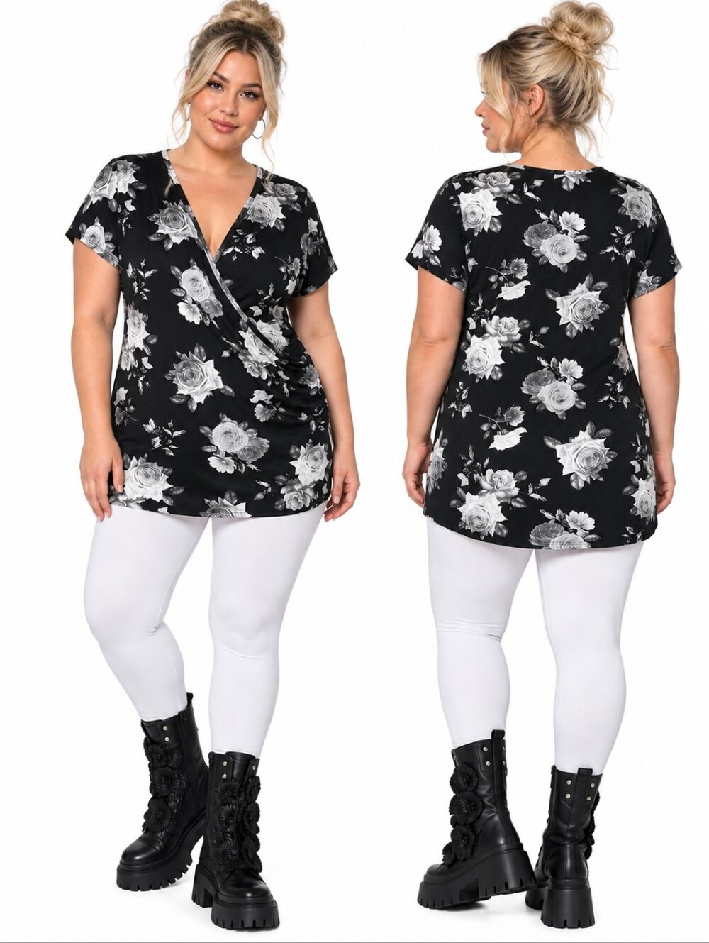 Nwt Eye ❤️ Candy Floral Surplice Tunic Top Black & White Roses Ruched Faux Wrap